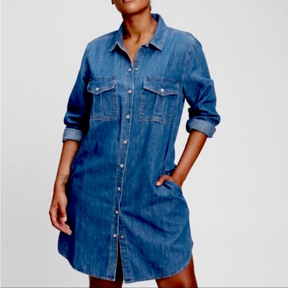 GAP Chambray Denim Snap Button Long Sleeve Dress - Picture 1 of 7